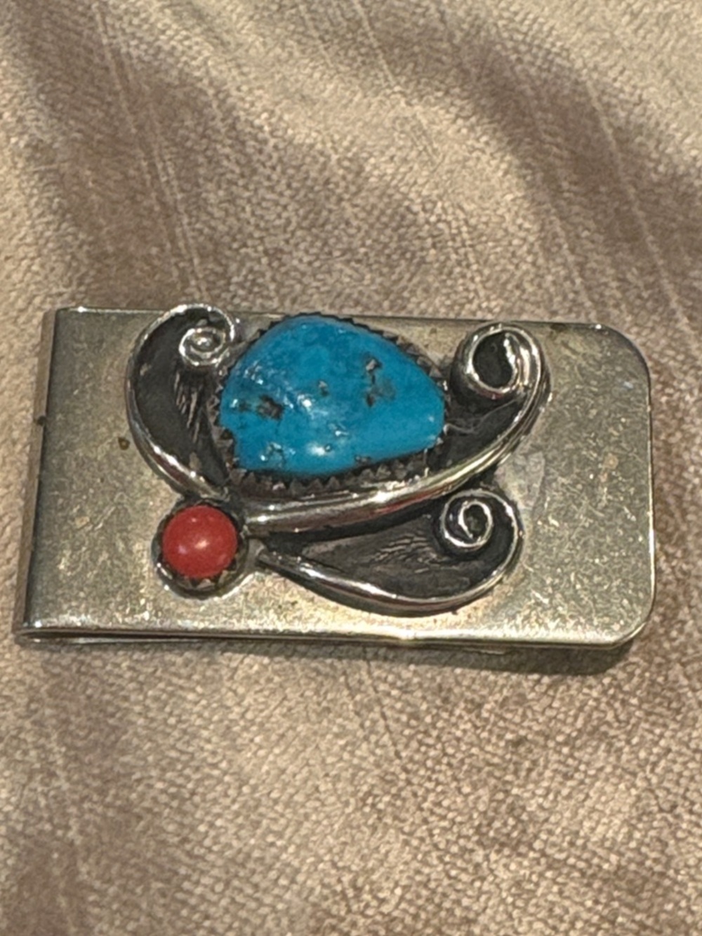 Vintage Silver Money Clip with Turquoise and Red Stone Accents Navajo Style